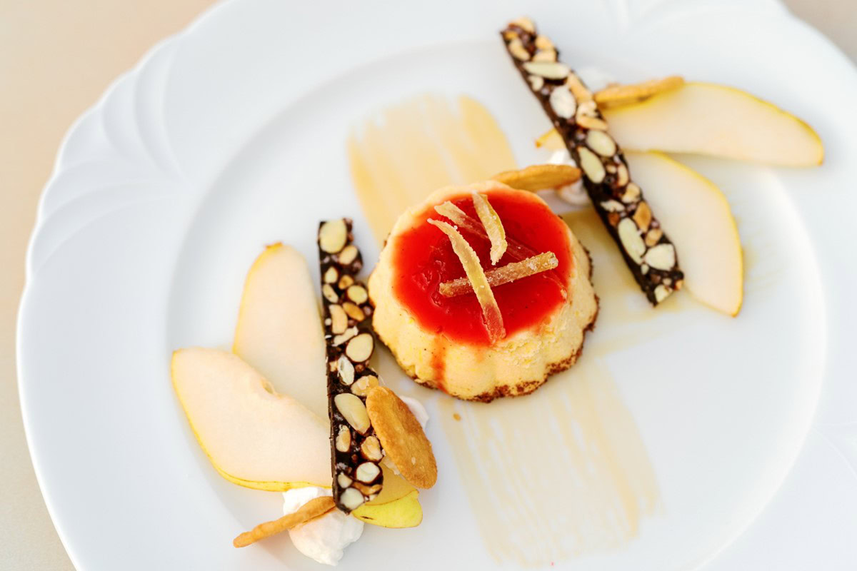 Sweet Potato Cheesecake with Ginger Pear and Cranberry Compote by Kimberly Brock Brown | Pastry Arts